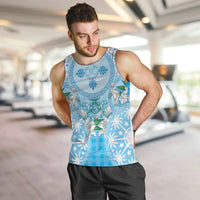 Hawaii Cyan Palaka Men Tank Top With Tapa Pattern Tropical Flowers - Polynesian Pride
