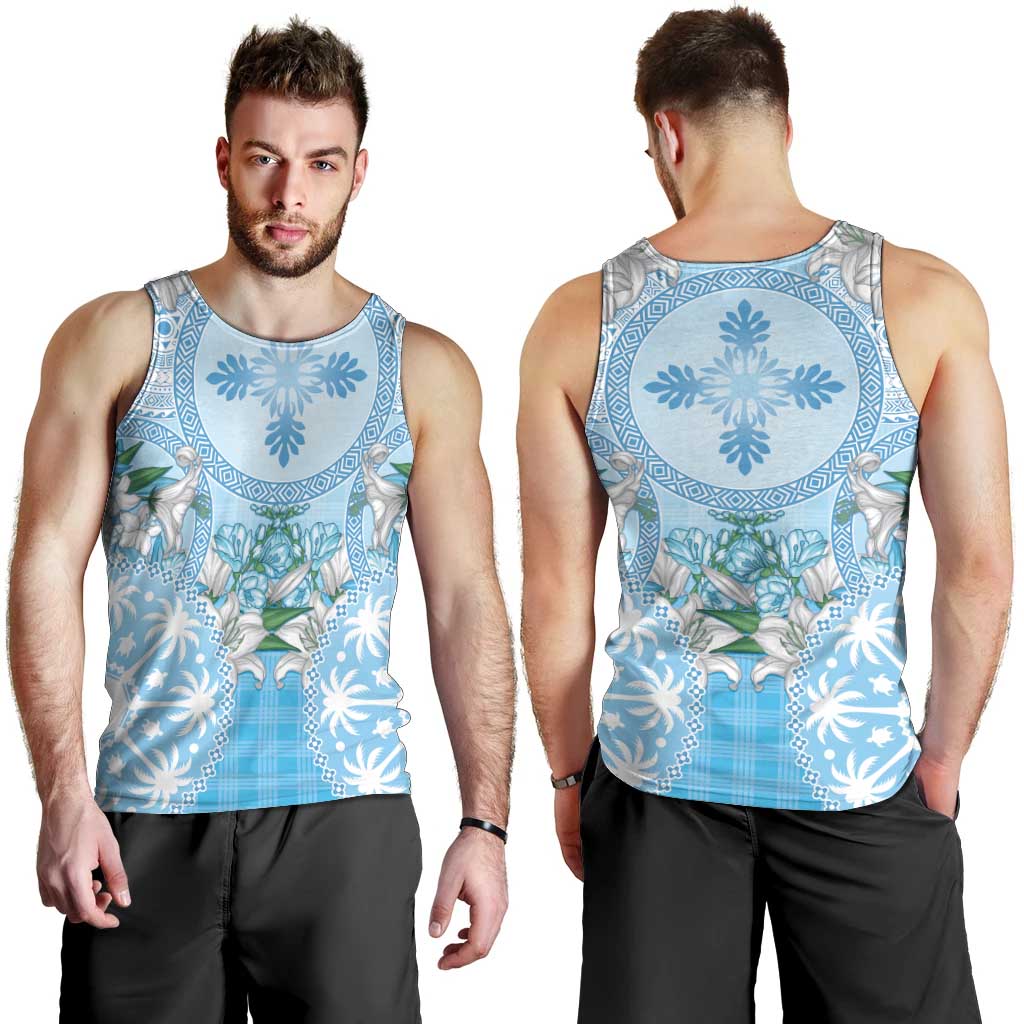Hawaii Cyan Palaka Men Tank Top With Tapa Pattern Tropical Flowers - Polynesian Pride