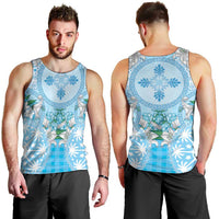 Hawaii Cyan Palaka Men Tank Top With Tapa Pattern Tropical Flowers - Polynesian Pride