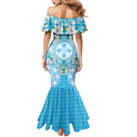 Hawaii Cyan Palaka Mermaid Dress With Tapa Pattern Tropical Flowers - Polynesian Pride