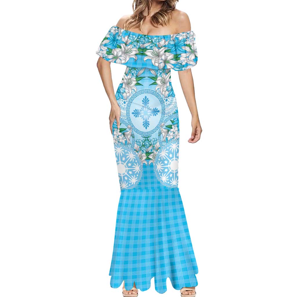 Hawaii Cyan Palaka Mermaid Dress With Tapa Pattern Tropical Flowers - Polynesian Pride