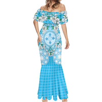 Hawaii Cyan Palaka Mermaid Dress With Tapa Pattern Tropical Flowers - Polynesian Pride