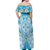 Hawaii Cyan Palaka Off Shoulder Maxi Dress With Tapa Pattern Tropical Flowers - Polynesian Pride