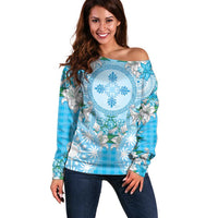 Hawaii Cyan Palaka Off Shoulder Sweater With Tapa Pattern Tropical Flowers - Polynesian Pride