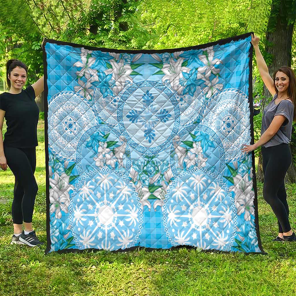 Hawaii Cyan Palaka Quilt With Tapa Pattern Tropical Flowers - Polynesian Pride