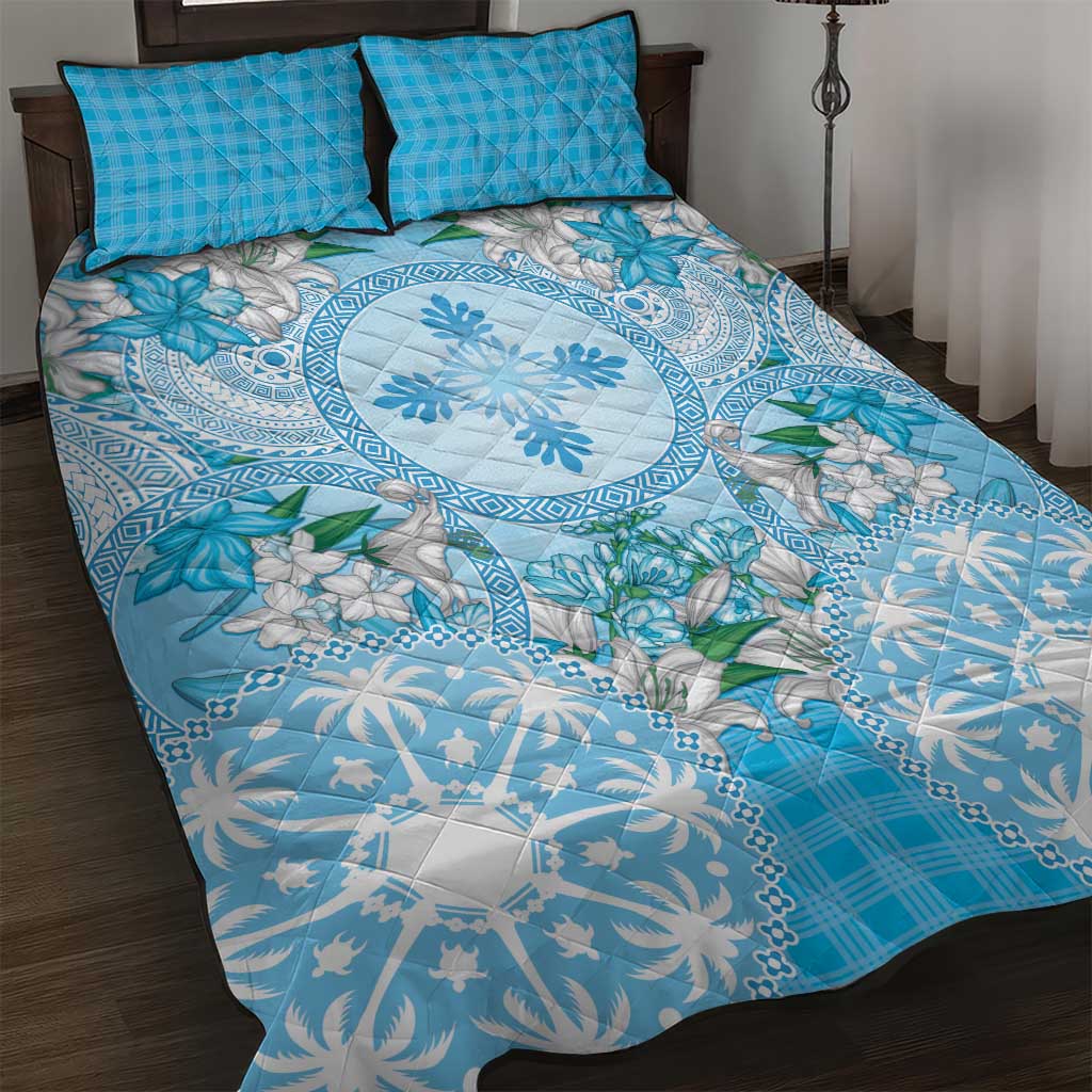 Hawaii Cyan Palaka Quilt Bed Set With Tapa Pattern Tropical Flowers - Polynesian Pride
