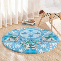 Hawaii Cyan Palaka Round Carpet With Tapa Pattern Tropical Flowers - Polynesian Pride