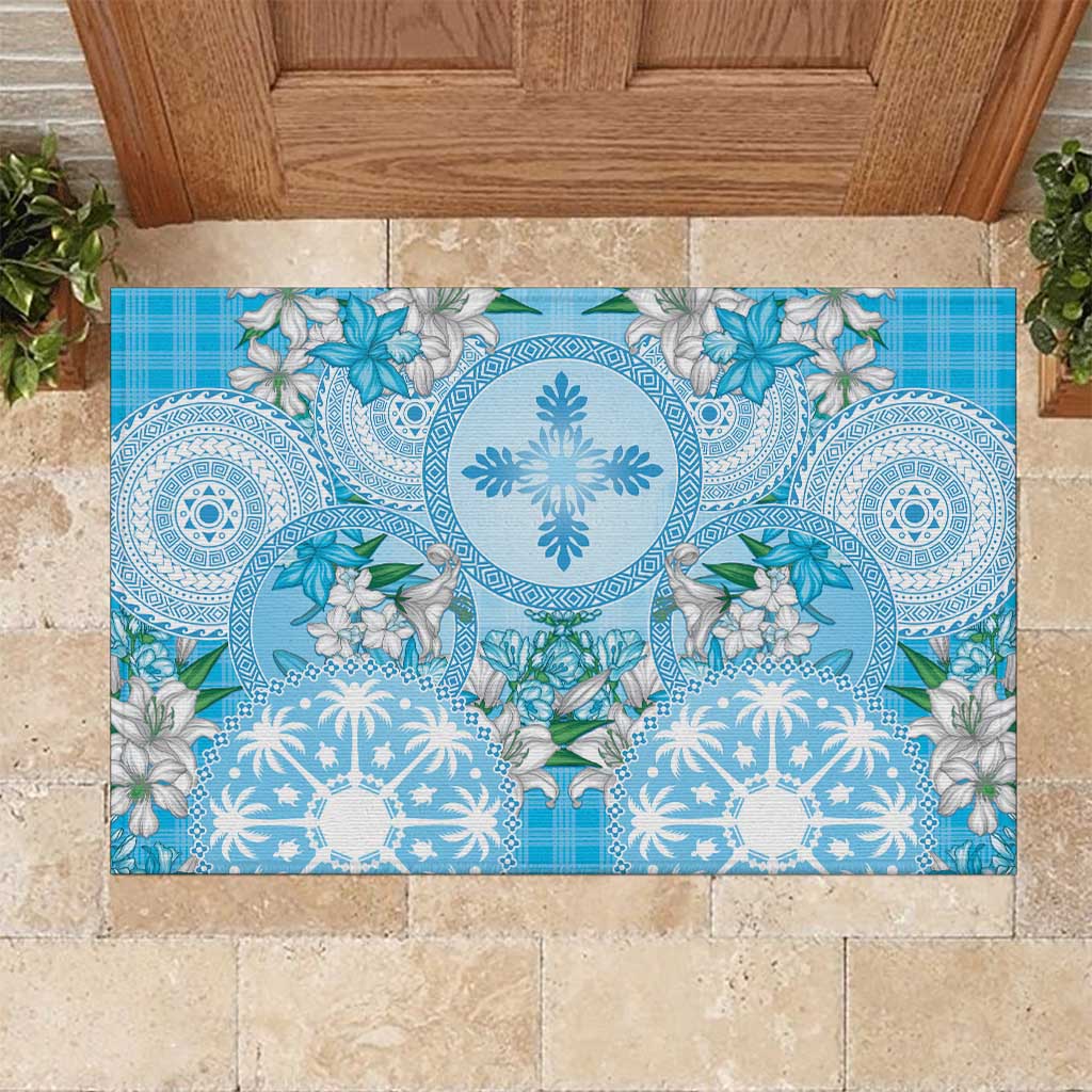 Hawaii Cyan Palaka Rubber Doormat With Tapa Pattern Tropical Flowers - Polynesian Pride