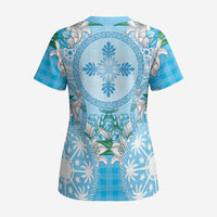 Hawaii Cyan Palaka Scrub Top With Tapa Pattern Tropical Flowers - Polynesian Pride
