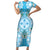 Hawaii Cyan Palaka Short Sleeve Bodycon Dress With Tapa Pattern Tropical Flowers - Polynesian Pride
