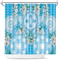 Hawaii Cyan Palaka Shower Curtain With Tapa Pattern Tropical Flowers - Polynesian Pride