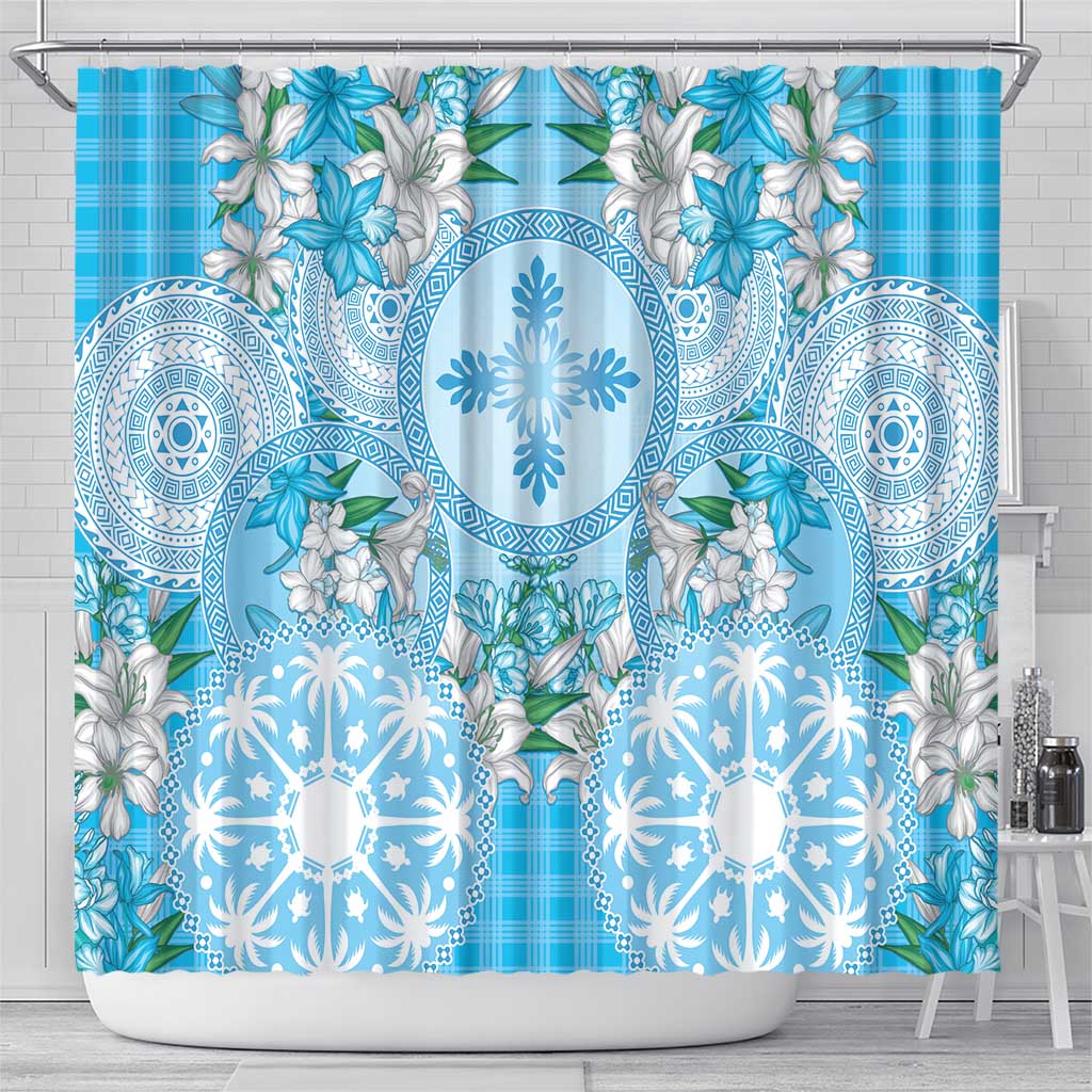 Hawaii Cyan Palaka Shower Curtain With Tapa Pattern Tropical Flowers - Polynesian Pride