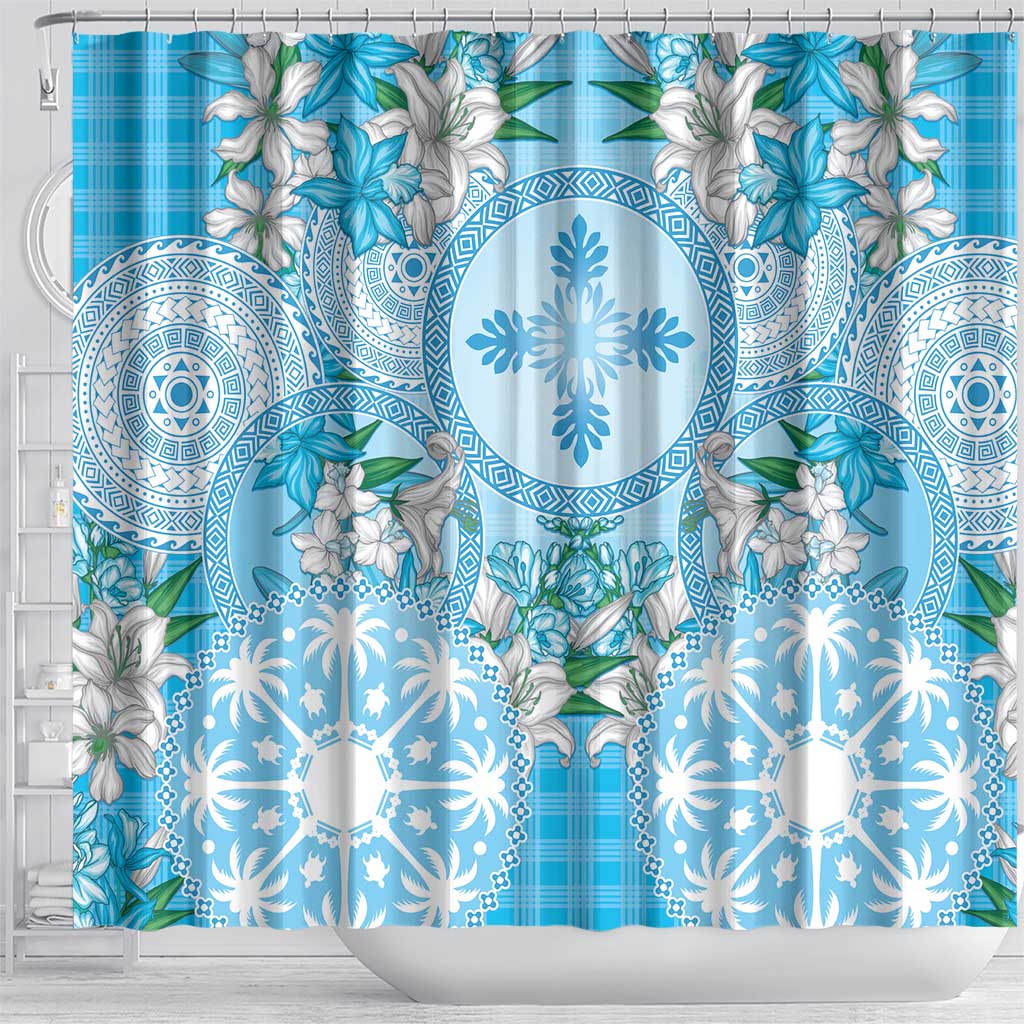 Hawaii Cyan Palaka Shower Curtain With Tapa Pattern Tropical Flowers - Polynesian Pride