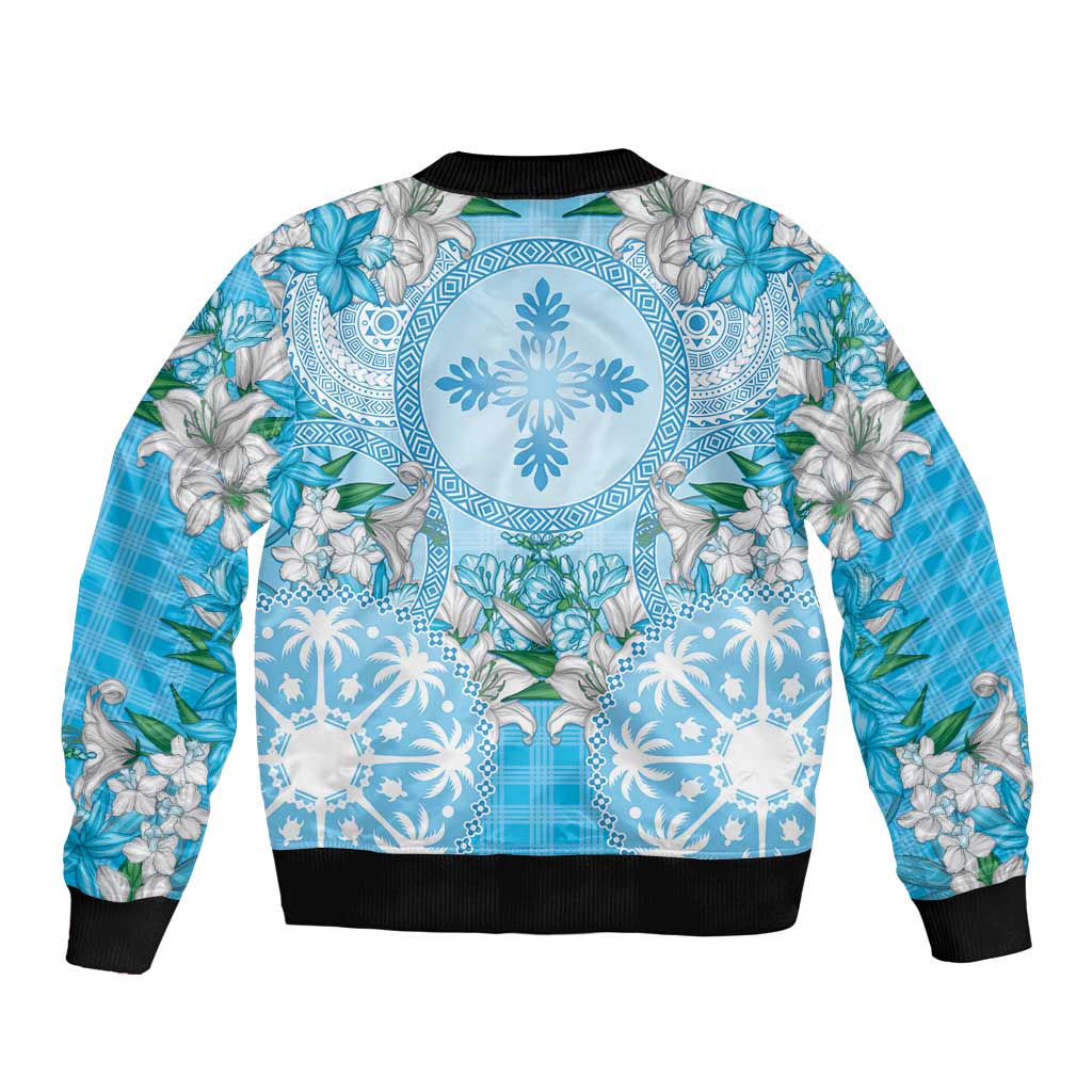 Hawaii Cyan Palaka Sleeve Zip Bomber Jacket With Tapa Pattern Tropical Flowers - Polynesian Pride