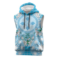 Hawaii Cyan Palaka Sleeveless Hoodie With Tapa Pattern Tropical Flowers LT05 Cyan - Polynesian Pride