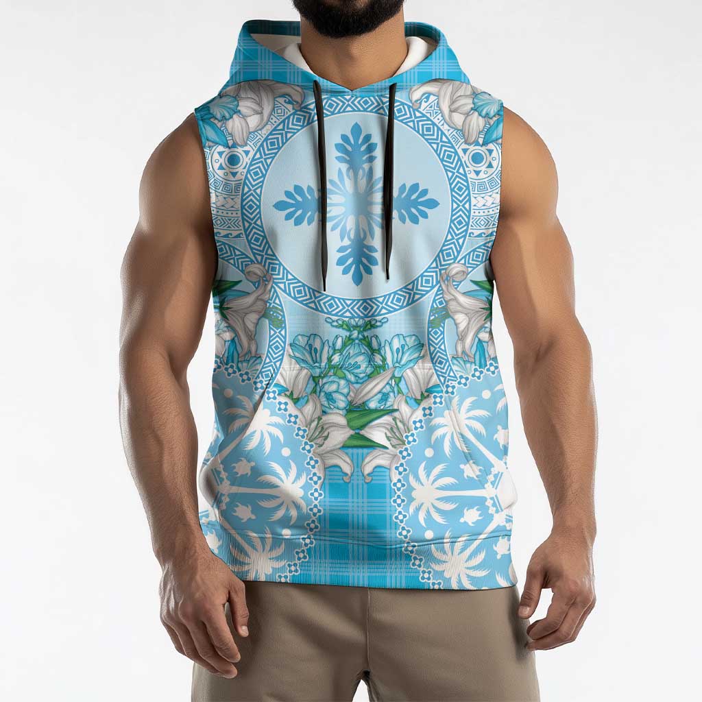 Hawaii Cyan Palaka Sleeveless Hoodie With Tapa Pattern Tropical Flowers LT05 - Polynesian Pride