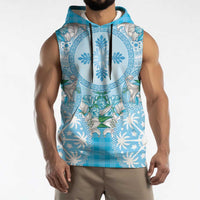 Hawaii Cyan Palaka Sleeveless Hoodie With Tapa Pattern Tropical Flowers LT05 - Polynesian Pride