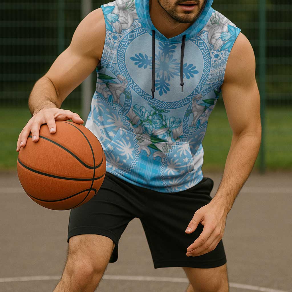 Hawaii Cyan Palaka Sleeveless Hoodie With Tapa Pattern Tropical Flowers LT05 - Polynesian Pride