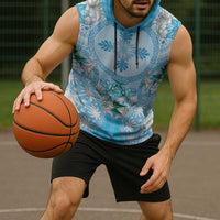 Hawaii Cyan Palaka Sleeveless Hoodie With Tapa Pattern Tropical Flowers LT05 - Polynesian Pride