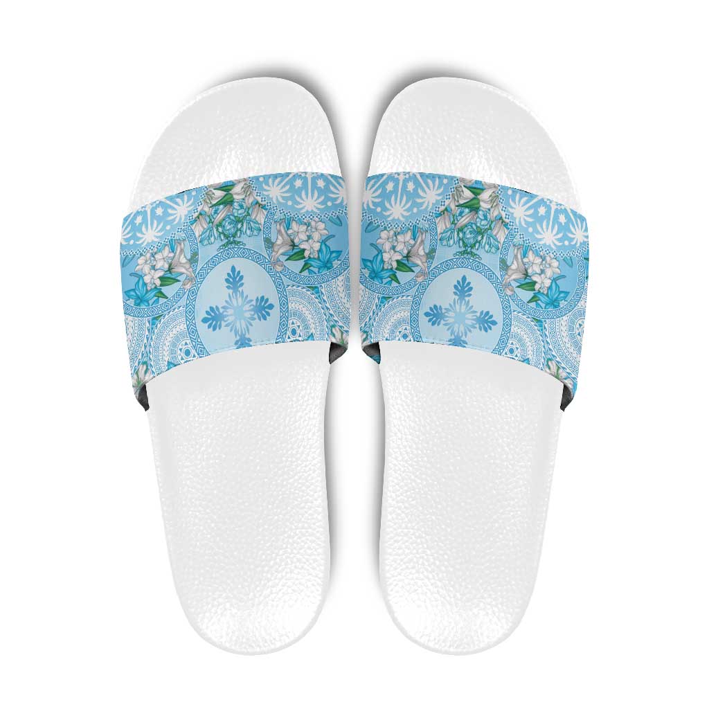 Hawaii Cyan Palaka Slide Sandals With Tapa Pattern Tropical Flowers - Polynesian Pride