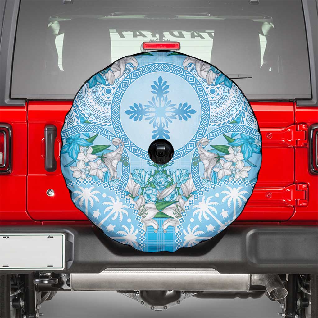 Hawaii Cyan Palaka Spare Tire Cover With Tapa Pattern Tropical Flowers - Polynesian Pride