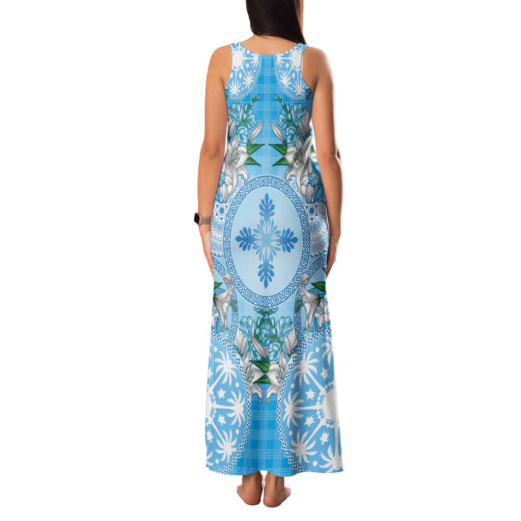Hawaii Cyan Palaka Tank Maxi Dress With Tapa Pattern Tropical Flowers - Polynesian Pride