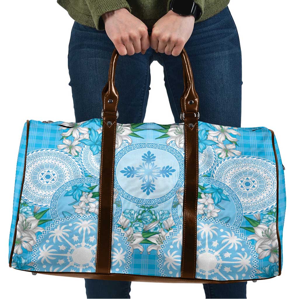 Hawaii Cyan Palaka Travel Bag With Tapa Pattern Tropical Flowers LT05 Cyan - Polynesian Pride