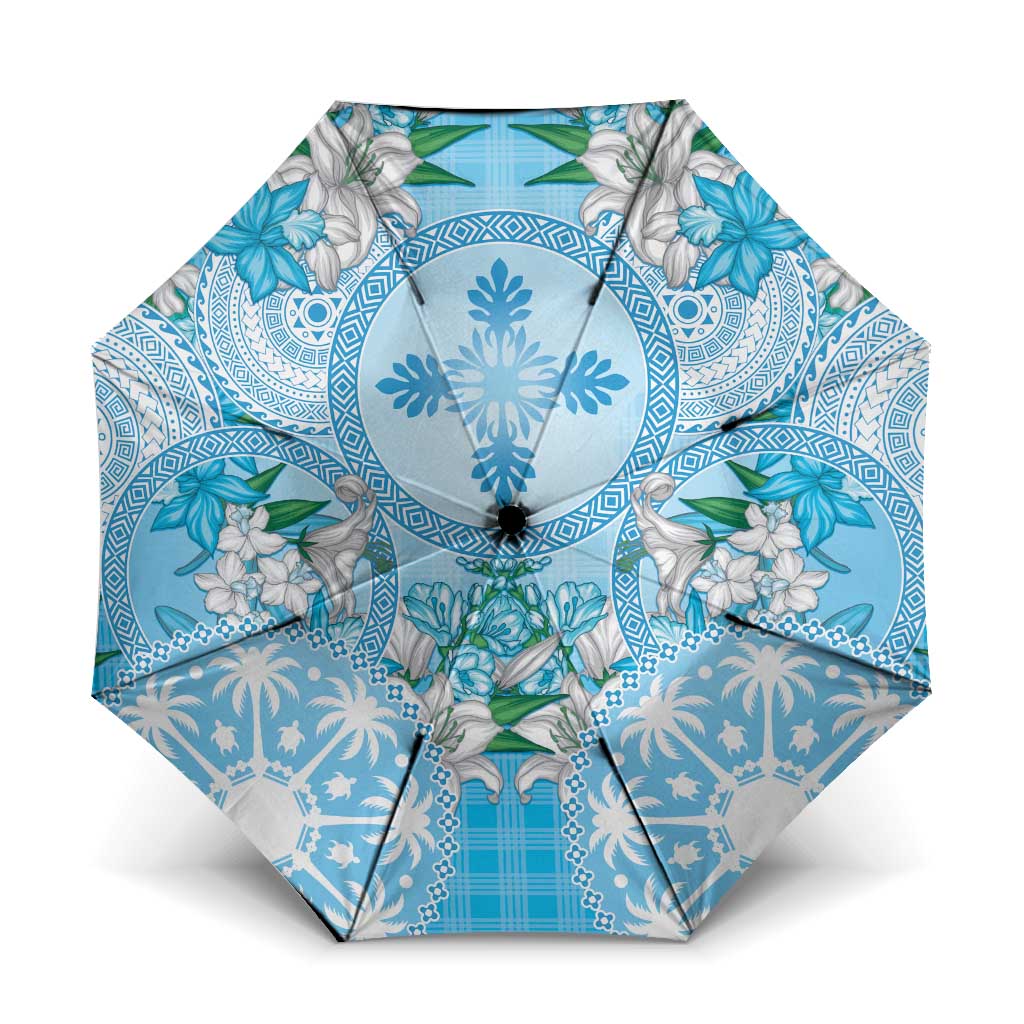 Hawaii Cyan Palaka Umbrella With Tapa Pattern Tropical Flowers LT05 One Size Folded 11.42 inch Opened Diameter 37.4 inch Cyan - Polynesian Pride