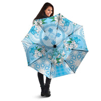 Hawaii Cyan Palaka Umbrella With Tapa Pattern Tropical Flowers - Polynesian Pride