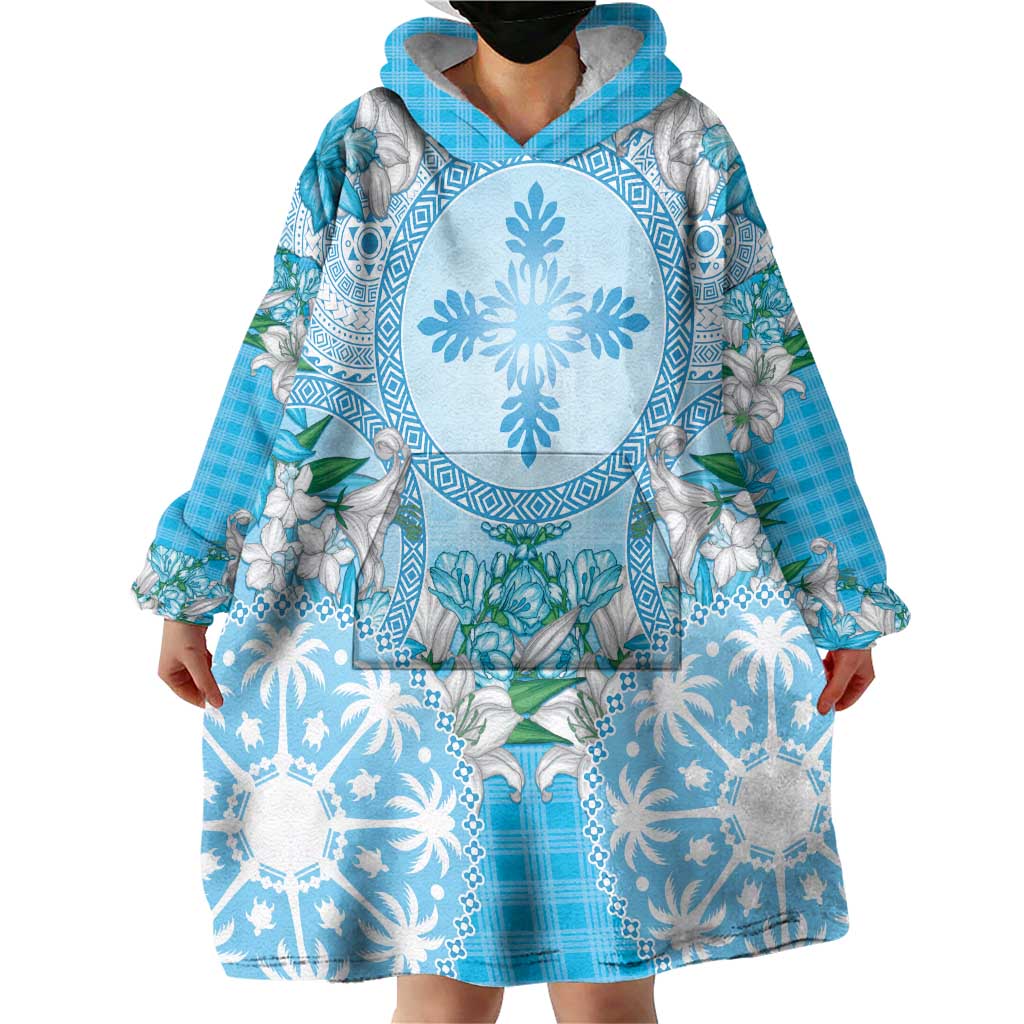 Hawaii Cyan Palaka Wearable Blanket Hoodie With Tapa Pattern Tropical Flowers - Polynesian Pride