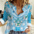 Hawaii Cyan Palaka Women Casual Shirt With Tapa Pattern Tropical Flowers - Polynesian Pride