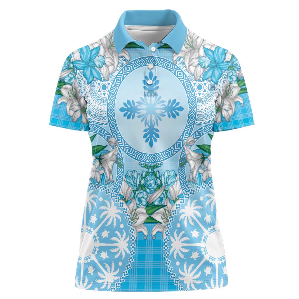 Hawaii Cyan Palaka Women Polo Shirt With Tapa Pattern Tropical Flowers - Polynesian Pride