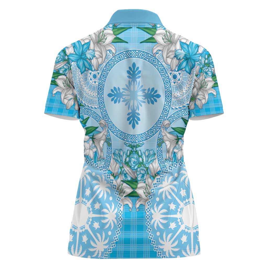Hawaii Cyan Palaka Women Polo Shirt With Tapa Pattern Tropical Flowers - Polynesian Pride