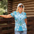 Hawaii Cyan Palaka Women Polo Shirt With Tapa Pattern Tropical Flowers - Polynesian Pride