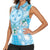 Hawaii Cyan Palaka Women Sleeveless Polo Shirt With Tapa Pattern Tropical Flowers - Polynesian Pride