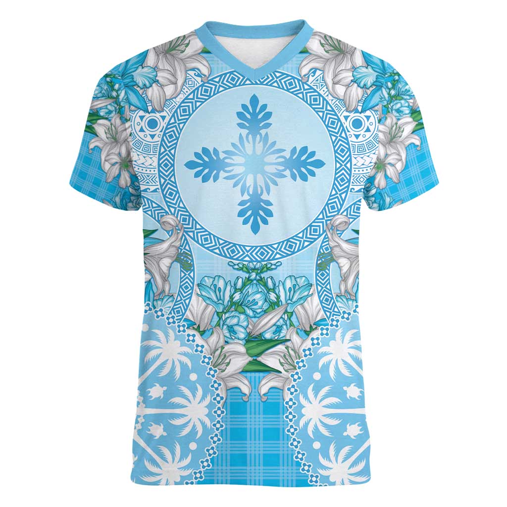 Hawaii Cyan Palaka Women V-Neck T-Shirt With Tapa Pattern Tropical Flowers - Polynesian Pride