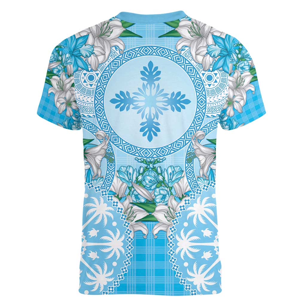 Hawaii Cyan Palaka Women V-Neck T-Shirt With Tapa Pattern Tropical Flowers - Polynesian Pride