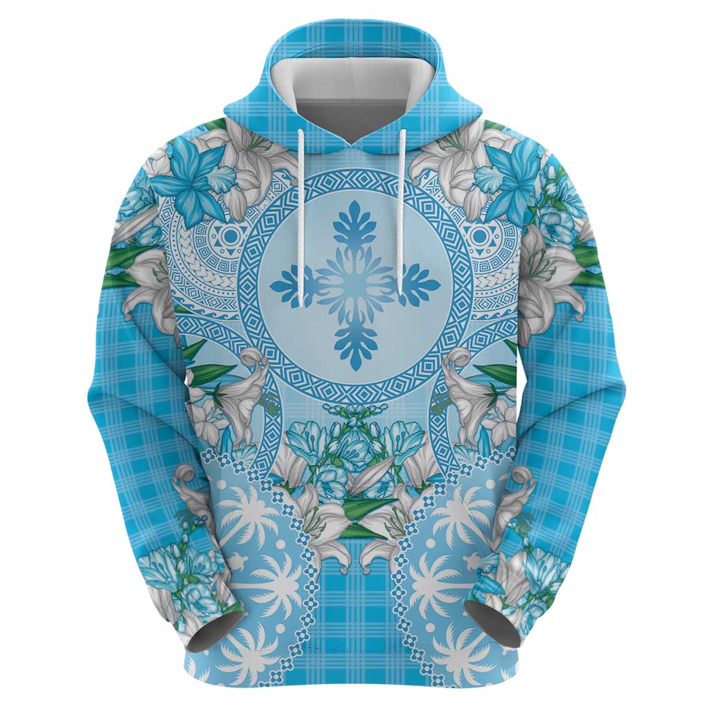 Hawaii Cyan Palaka Zip Hoodie With Tapa Pattern Tropical Flowers - Polynesian Pride