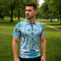 Hawaii Cyan Palaka Zipper Polo Shirt With Tapa Pattern Tropical Flowers - Polynesian Pride