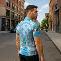 Hawaii Cyan Palaka Zipper Polo Shirt With Tapa Pattern Tropical Flowers - Polynesian Pride