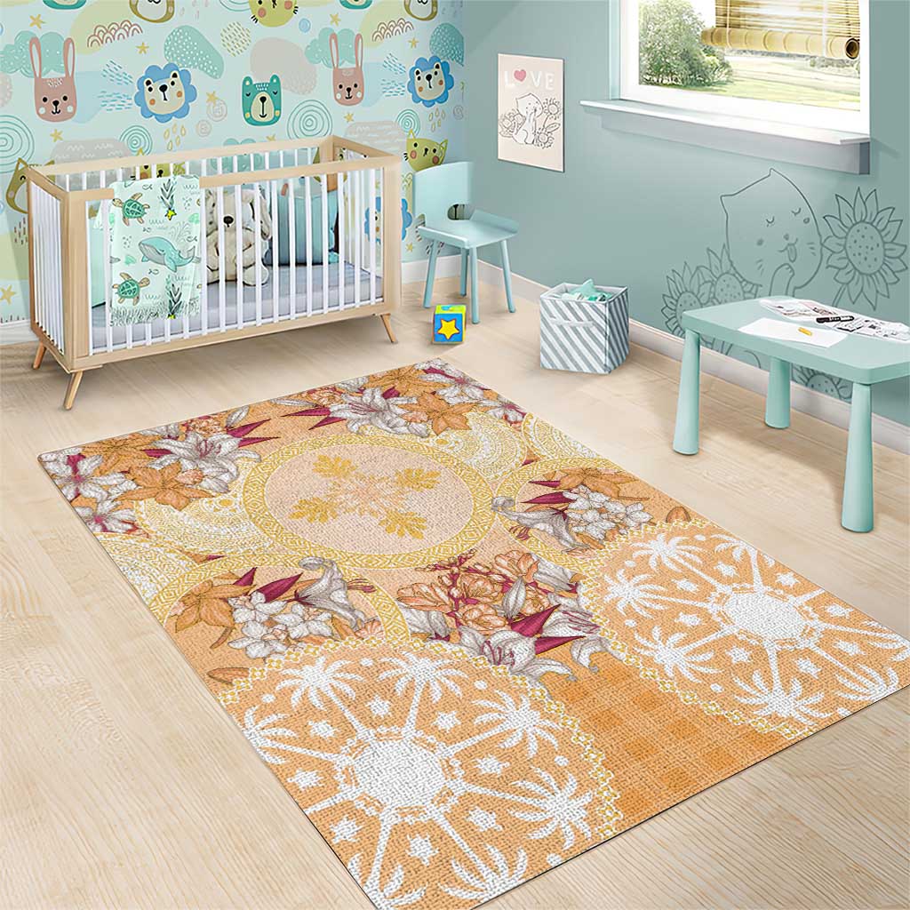 Hawaii Peach Palaka Area Rug With Tapa Pattern Tropical Flowers - Polynesian Pride