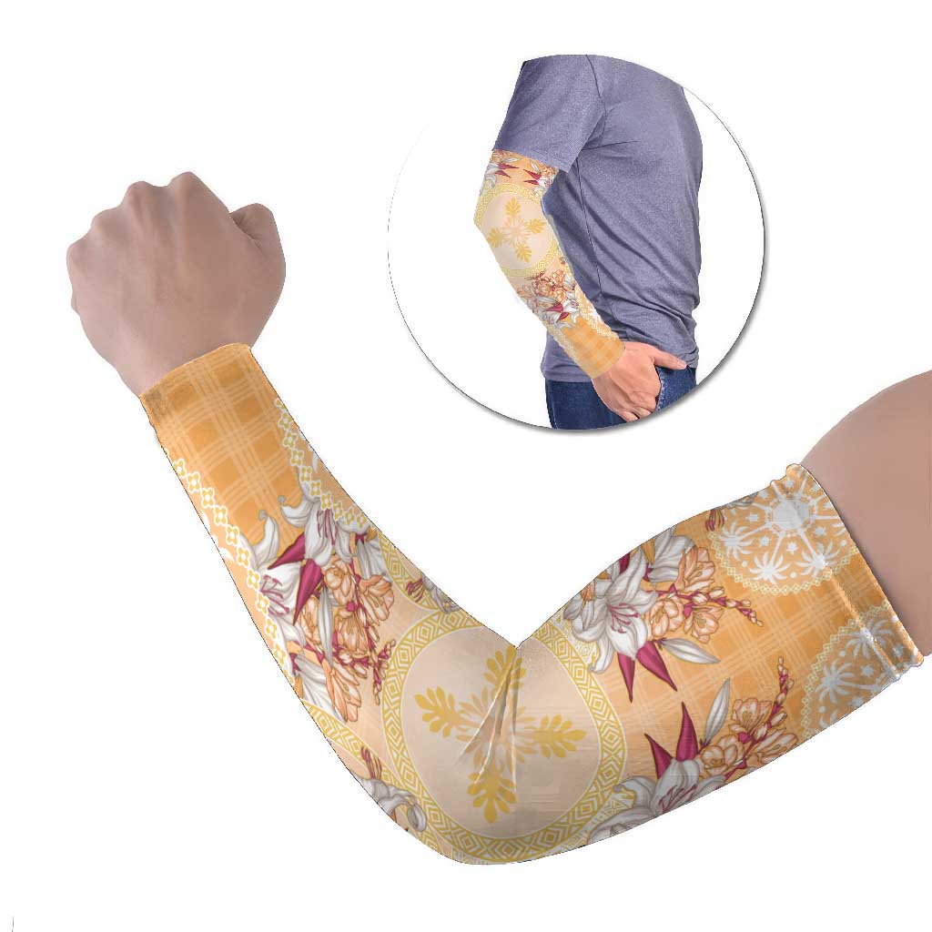 Hawaii Peach Palaka Arm Sleeves With Tapa Pattern Tropical Flowers LT05 Set of 2 Peach - Polynesian Pride