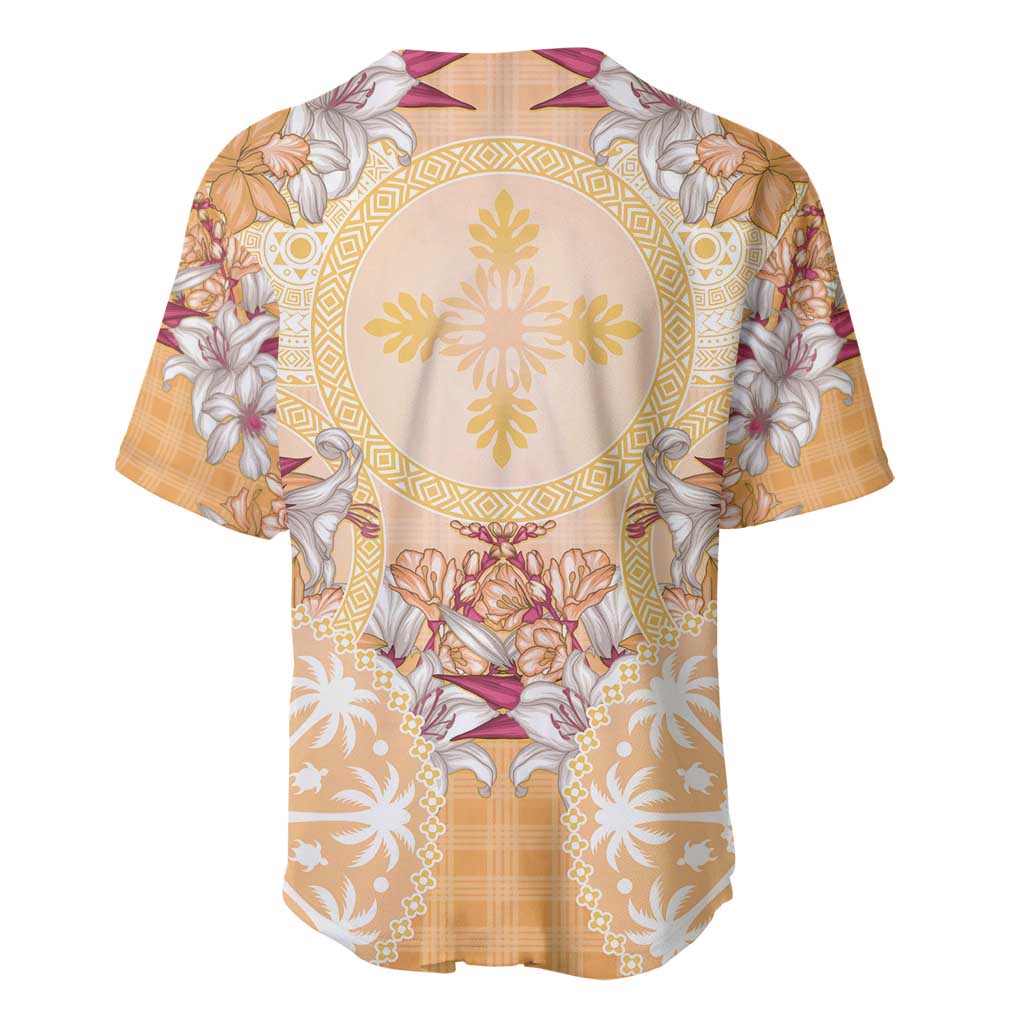 Hawaii Peach Palaka Baseball Jersey With Tapa Pattern Tropical Flowers - Polynesian Pride