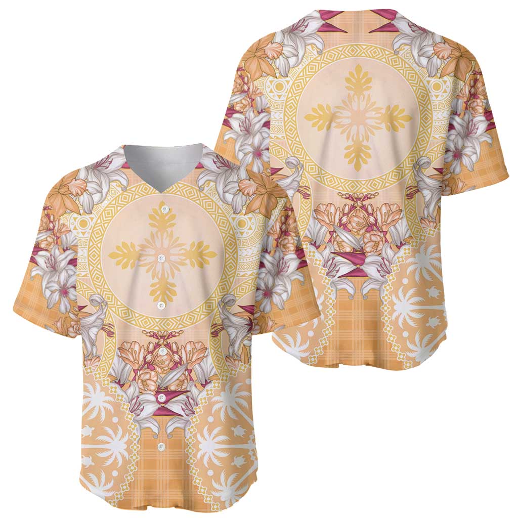 Hawaii Peach Palaka Baseball Jersey With Tapa Pattern Tropical Flowers - Polynesian Pride