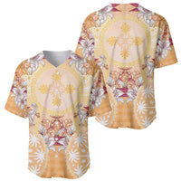 Hawaii Peach Palaka Baseball Jersey With Tapa Pattern Tropical Flowers - Polynesian Pride
