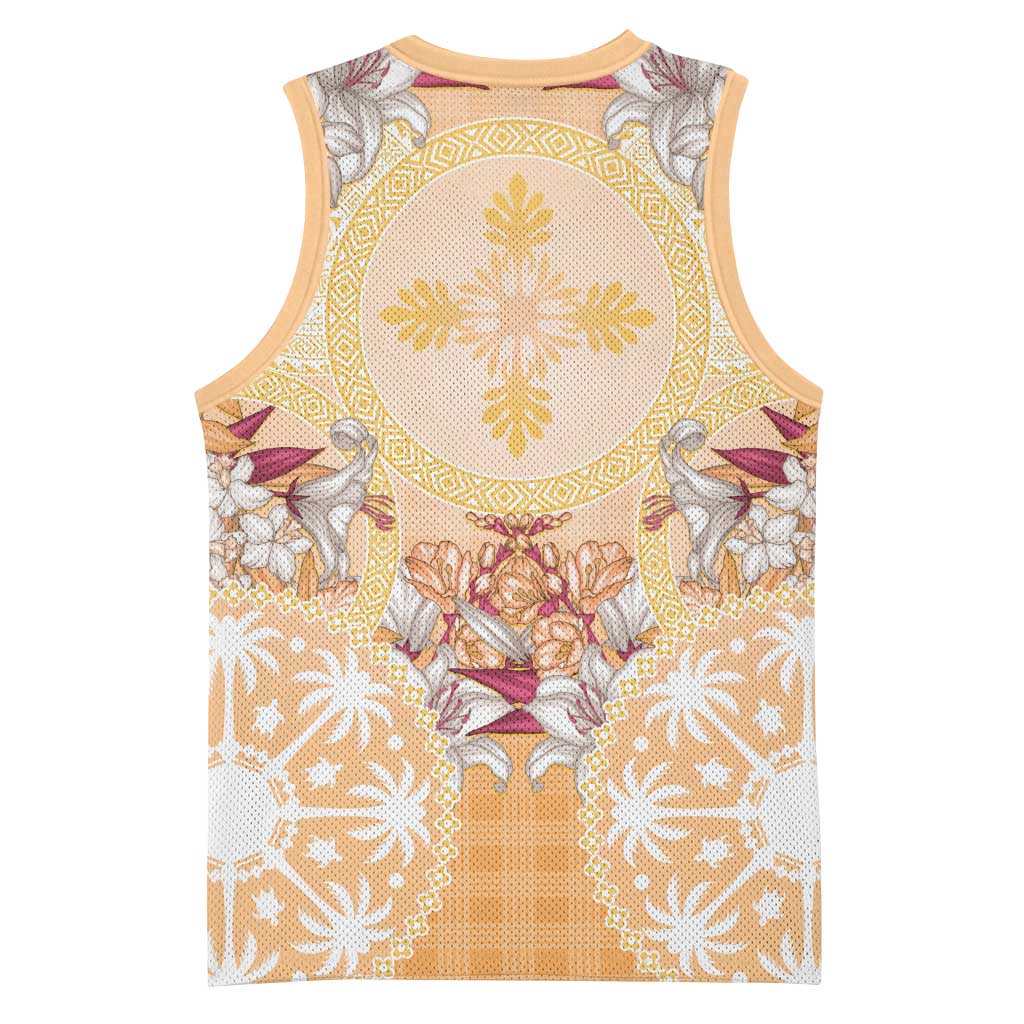 Hawaii Peach Palaka Basketball Jersey With Tapa Pattern Tropical Flowers LT05 - Polynesian Pride
