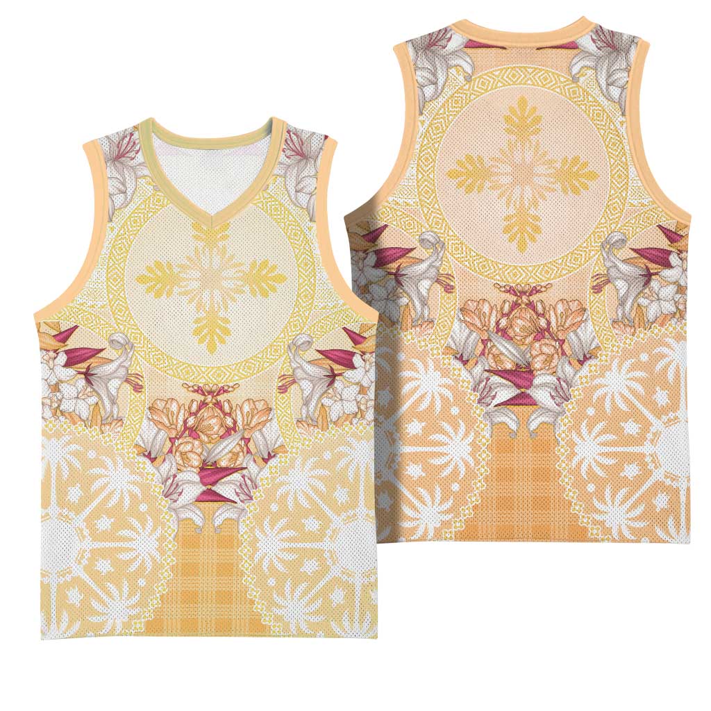 Hawaii Peach Palaka Basketball Jersey With Tapa Pattern Tropical Flowers LT05 - Polynesian Pride