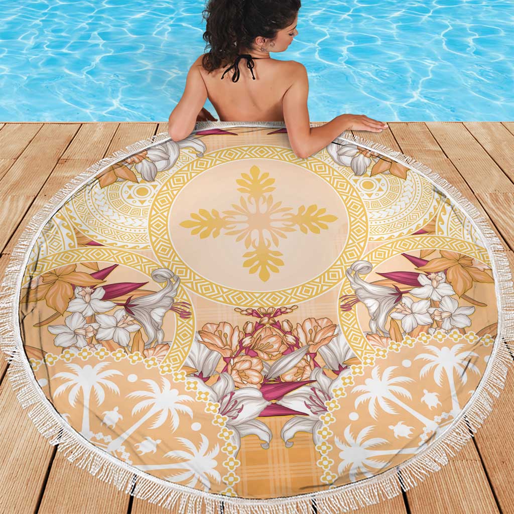 Hawaii Peach Palaka Beach Blanket With Tapa Pattern Tropical Flowers - Polynesian Pride