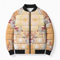 Hawaii Peach Palaka Bomber Puffer Jacket With Tapa Pattern Tropical Flowers LT05 Unisex Peach - Polynesian Pride