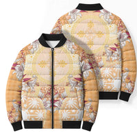 Hawaii Peach Palaka Bomber Puffer Jacket With Tapa Pattern Tropical Flowers LT05 - Polynesian Pride